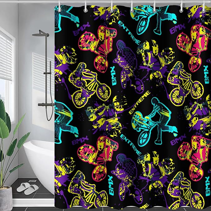 AILONEN Motocross Shower Curtain,Motorcycle Racer Bath Curtain,Extreme Sports Decoration,Colorful Graffiti Dirt Bike Shower Curtain for Kids Boys,Black Washable, 72" W x 84" H