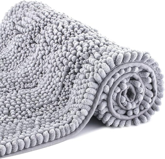 Bath Mat for Bathroom Ultra-Soft Machine Washable Rugs for Shower Room with Non-Slip Backing Shaggy Absorbent Luxury Chenille Bath Rug Perfect for Tub Sink Bedroom Door (16"x47", Light Grey)