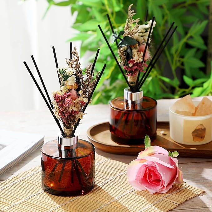 Rtteri 2 Reed Diffuser Sets Flower Oil Diffuser Sticks with Refill Empty 5oz Bottles Scent Glass for Fragrance Home Bathroom Gifts, Oil Not Included(Coffee Color)