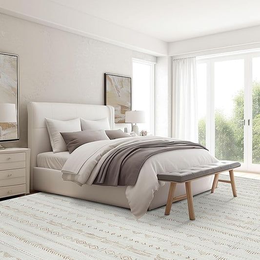 Deerly Rugs for Bedroom, Boho Living Room Rug 9x12, Machine Washable Area Rugs, Moroccan Farmhouse Rug Non-Slip, Large Neutral Indoor Carpet for Bedroom Dining Room Under Table, Light Brown