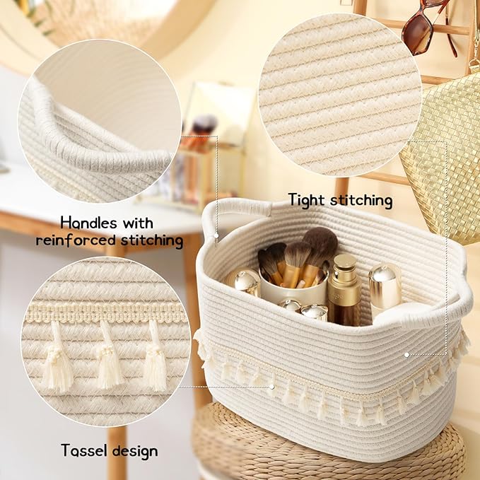 TeoKJ White Cotton Ropen Baskets for Storage, Set of 3 Woven Clothes Basket for Organizing and Storage, Blanket Basket for Living Room Laundry Bathroom Shelves
