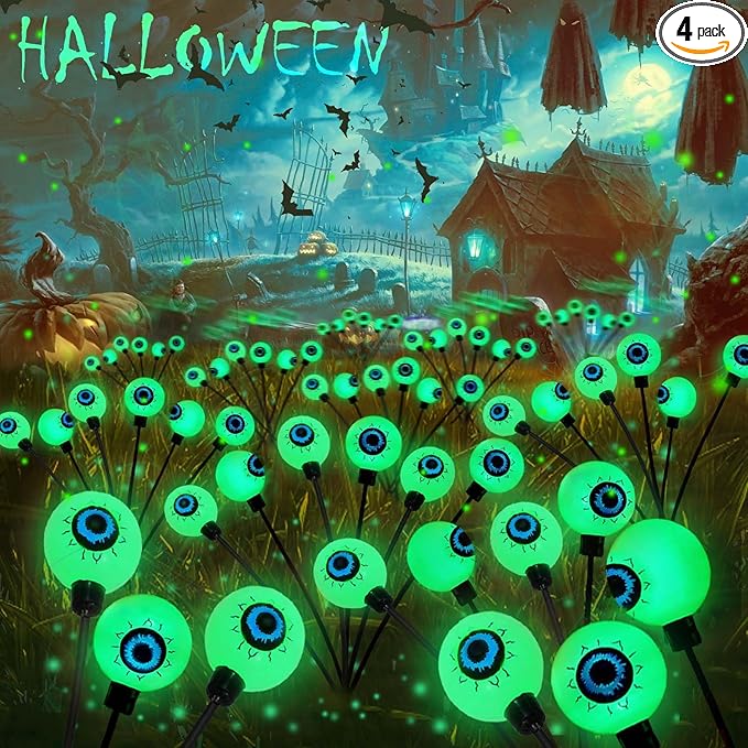 4Pack 24LED Green Solar Halloween Eyeball Lights Outdoor, Solar Garden Lights Outdoor Waterproof, Firefly Light Swaying by Wind with 2 Modes for Pathway Patio Yard Garden Halloween Decorations