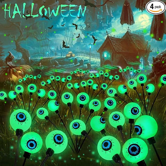 4Pack 24LED Green Solar Halloween Eyeball Lights Outdoor, Solar Garden Lights Outdoor Waterproof, Firefly Light Swaying by Wind with 2 Modes for Pathway Patio Yard Garden Halloween Decorations