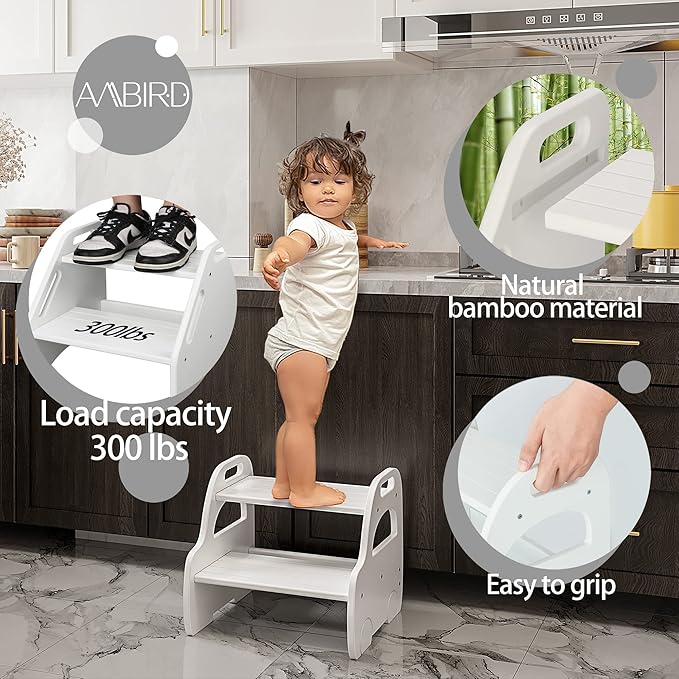 AMBIRD Wooden Step Stool, Two Step Stools Toddler with Safety Non-Slip Pads and Handles, White Bamboo Step Stool for Bathroom, Bedroom, Kitchen Step Stools Kids