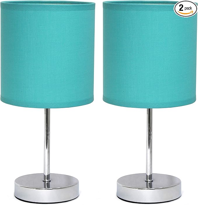 Simple Designs LT2007-BLU-2PK Chrome Mini Basic Table Lamp with Fabric Shade 2 Pack Set, Blue Turquoise