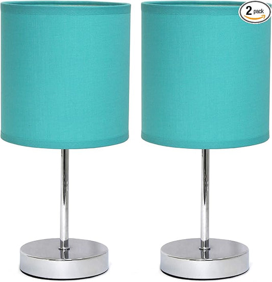 Simple Designs LT2007-BLU-2PK Chrome Mini Basic Table Lamp with Fabric Shade 2 Pack Set, Blue Turquoise