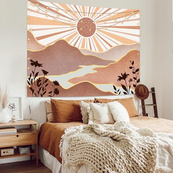 Lunerfex Boho Sun Tapestry Sunset Wall Tapestry, Mountain Tapestries for Bedroom 80s Tapestries Wall Hanging for Bedroom Living Room Wall Decor Boho-1 70"x90"