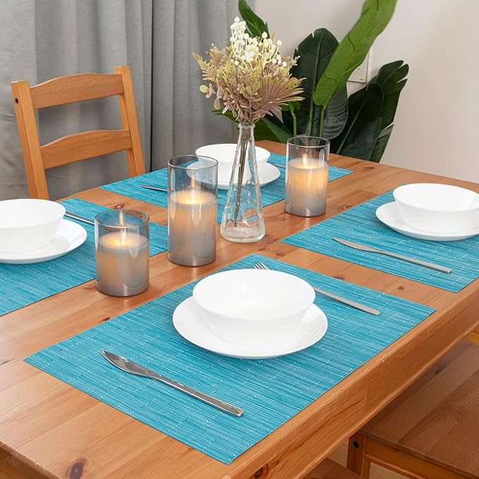 Winknowl Placemats Set of 6, Heat Resistant Stain Resistant Woven Vinyl Insulation Place mats, Durable Washable Elegant Table Mats for Kitchen Dining Table Decor (Teal Blue)