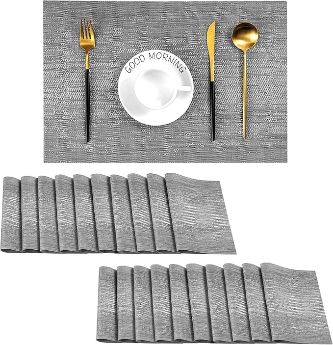 Leetaltree Grey Placemats, Heat Resistant Non-Slip Place mats for Dining Table, Washable Durable PVC Vinyl Woven Table Mats (Set of 20)