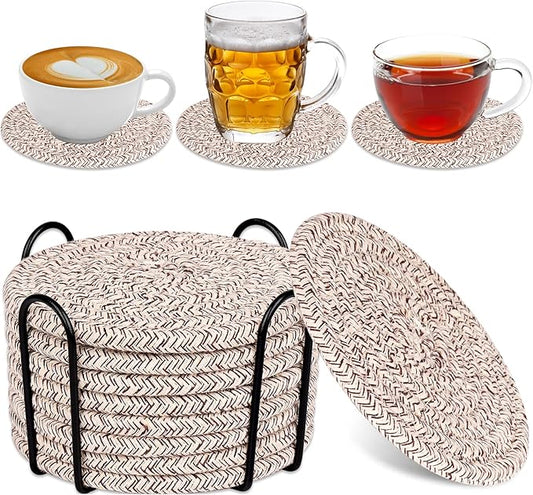 Mckanti 8 Pack Drink Coasters with Holder, Absorbent Coasters for Coffee Table, Minimalist Cotton Woven Coaster Set for Home Decor Tabletop Protection Suitable for Kinds of Cups, 4.3 Inches.