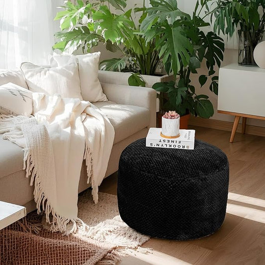 Asuprui Pouf Ottoman Stuffed Pouf Ottoman Foot Rest Stuffed Soft Foot Stool with Filler 20x20x12 Inches Fuzzy Chair Floor Chair Foot Rest with Storage for Living Room Bedroom Black Pouf with Filler