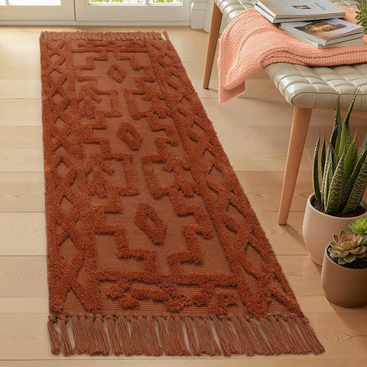 Uphome Boho Runners for Hallways 2' x 6', Washable Farmhouse Entryway Runner Rug, Cotton Tufted Bedroom Runner Rugs, Bohemian Tribal Throw Aesthetic Rug for Kitchen Doorway Living Room, Terracotta