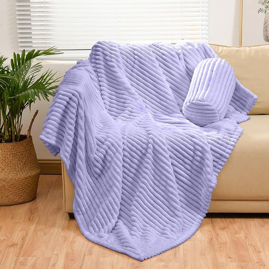Bnuitland Light Purple Flannel Throw (60X80 inches) with Storage Pouch,300GSM Super Soft Fleece Stripe Pattern Sofa Blanket for Adults, Lightweight Cozy Bed Throw for Home Decor All Season