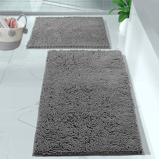 LuxUrux 2 Piece Bathroom Rug Set - Premium Plush Bath Mat Shower Rugs, 1" Chenille Microfiber, Non-Slip & Absorbent, Soft & Cozy, Durable Stylish (20x30 & 16x24 inches, Light Grey)