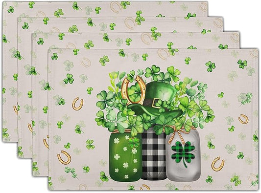 Giwawa 12"x18" Patrick Vases Placemats Set of 4 Lucky Shamrocks Horseshoes Mason Jars Place Mat Spring Clovers Leaf Elf Hat Washable Linen Table Mats for Party Kitchen Dining Holiday Decor