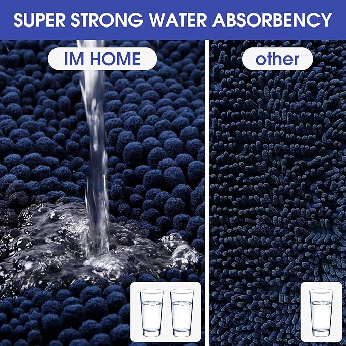 ACCUMTEK Striped Navy Blue Bathroom Rug Mat Set 2 Piece 32"x20"+60"x20" Ultra Soft, Non Slip Chenille Bath Rugs, Absorbent Plush Shaggy Bath Mats for Bathroom, Bedroom, Kitchen, Shower, Tub