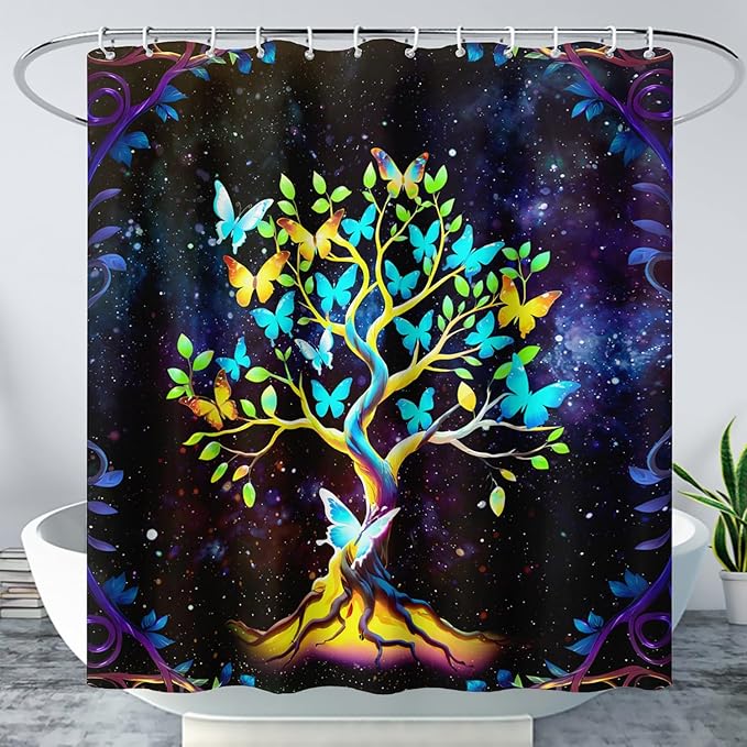 AILONEN Tree of Life Shower Curtain for Bathroom,Galaxy Starry Glowing Tree of Life Bath Curtain,Colorful Tree Shower Curtain Waterproof with 12 Plastic Hooks for Boys Girls Adults 48" W*72" H