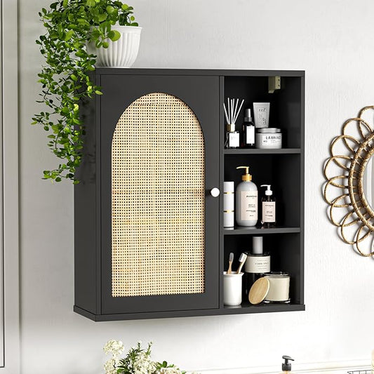 Rattan Bathroom Wall Cabinet, Boho Medicine Wall Cabinets with Door and Adjustable Shelves, Tall Kitchen Wall Mounted Storage Cabinet, Floating Hanging Cabinet Space Saver for Laundry Room,Black
