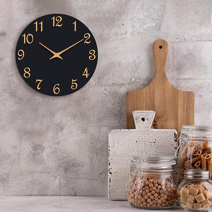 Wall Clock 14 Inch, Modern Wall Clocks Battery Operated, Silent Non Ticking Clock Decorative for Living Room, Office, Home, School (Black Gold)