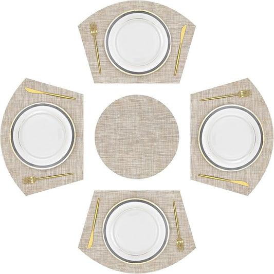 SHACOS Large Size Wedge Shape Placemats with Centerpiece Round Mat Set of 5 Round Table Place Mats Washable Dining Table Placemats Reversible, Beige