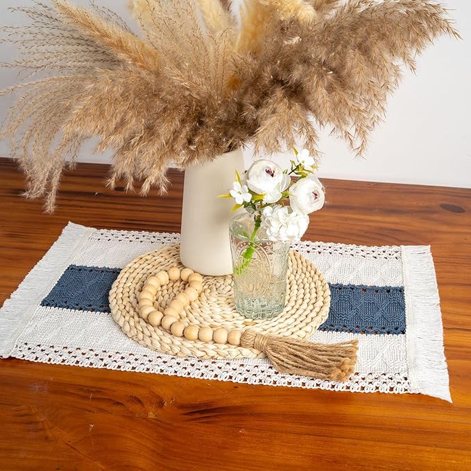 FEXIA Blue Boho Placemats Set of 4, Macrame Table Decor and Farmhouse Style Placemats Natural Cotton Burlap, for Dining Table, Blue