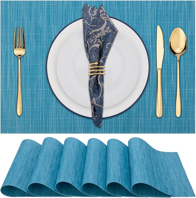 Winknowl Placemats Set of 6, Heat Resistant Stain Resistant Woven Vinyl Insulation Place mats, Durable Washable Elegant Table Mats for Kitchen Dining Table Decor (Teal Blue)