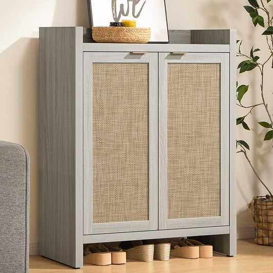 SICOTAS Shoe Cabinet, 24 Pair Shoe Storage Organizer Cabinet, 41" Tall Rattan Shoe Cabinet with Doors and Shelves, 6-Tier Farmhouse Boho Wooden Storage Cabinet for Entryway Hallway, Whitish-Gray Oak
