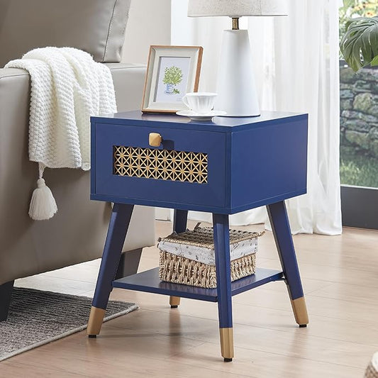 Mid Century Modern End Table for Living Room, Small Side Tables with Charging Station, Outlets and USB Ports, Blue Wood Nightstand with Storage Drawer and Open Shelf