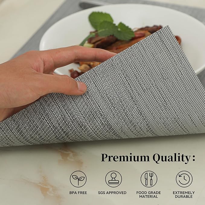 Leetaltree Grey Placemats, Heat Resistant Non-Slip Place mats for Dining Table, Washable Durable PVC Vinyl Woven Table Mats (Set of 24)