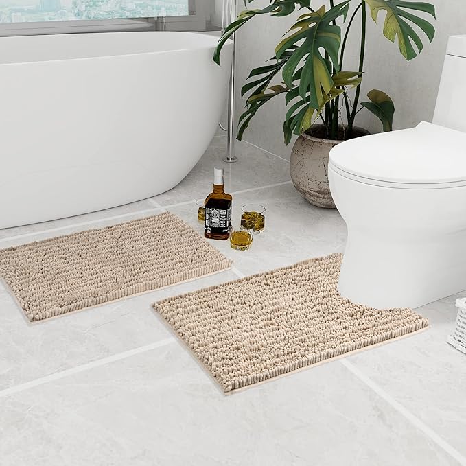 Walensee Bathroom Rug 2 Pieces Set Non Slip Bath Mat (20"x32" Plus 20"x24" U Beige) Water Absorbent Super Soft Shaggy Chenille Machine Washable Dry Extra Thick Perfect Carpet for Shower Floor