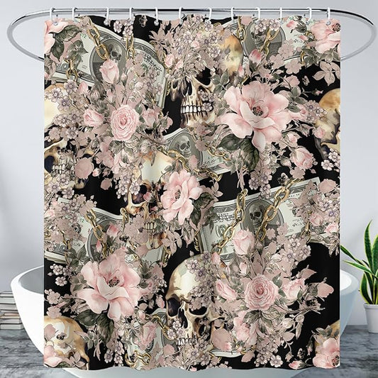AILONEN Sugar Skull Shower Curtain for Bathroom,Romantic Rose Flower Bath Curtain for Girls Women,Money Skull Skeleton Print Waterproof Curtain with 12 Plastic Hooks, 72" W*84" H