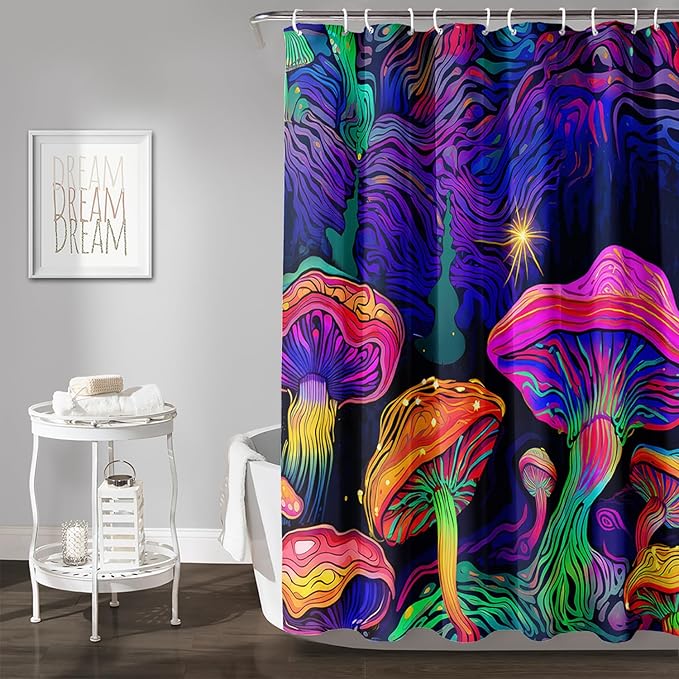 AILONEN Magic Mushroom Shower Curtain for Kids Boys Girls,Mushrooms and Starry Night Waterproof Fabric Shower Curtain for Bathroom,Dreamy Natural Plants Shower Curtain Set with Hooks,36" W*72" H