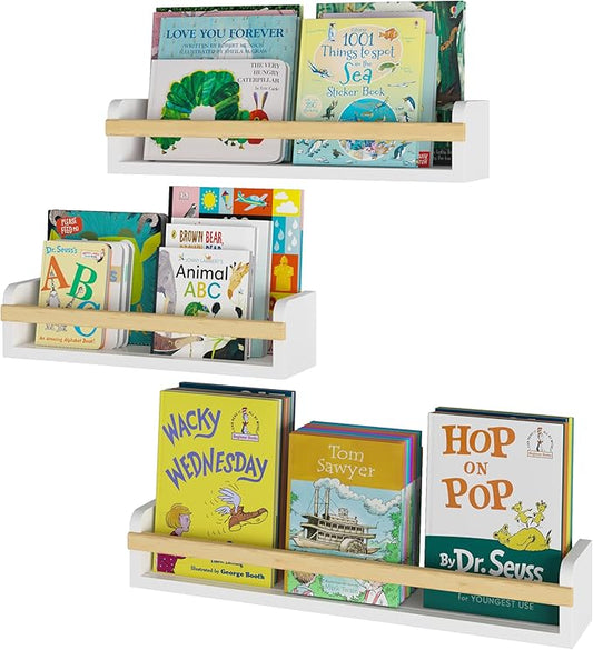 Wallniture Utah Wall Mount Nursery Décor Kids Bookshelf Floating Wall Shelves Book Photo Display Long Varying Sizes Set of 3, White