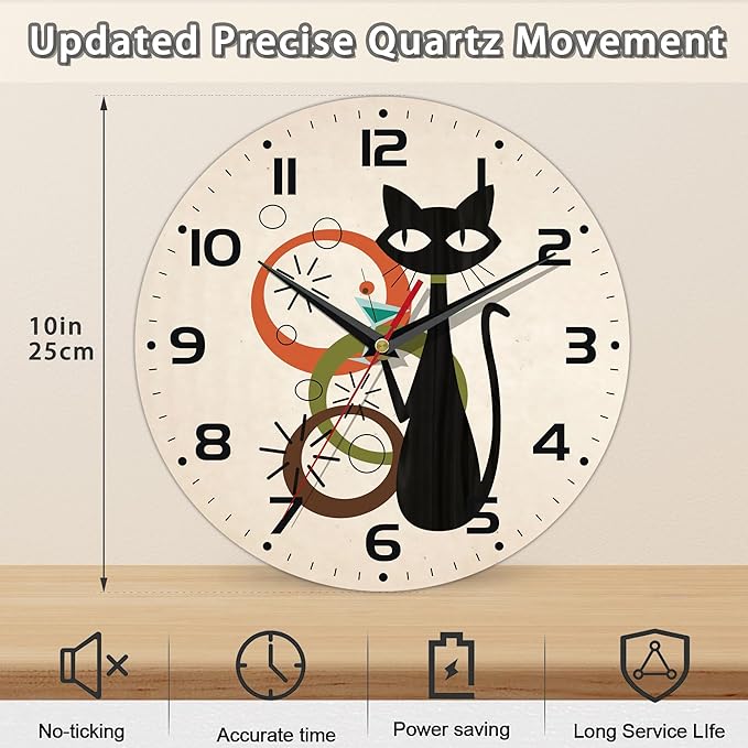 Wall Clock, Black Cat Wall Clocks Wooden Wall Clock Art Hanging Clocks Silent Non-Ticking Wall Clock Battery Operated Round Home Arabic Numeral Decorative Wall Clocks 10 Inch