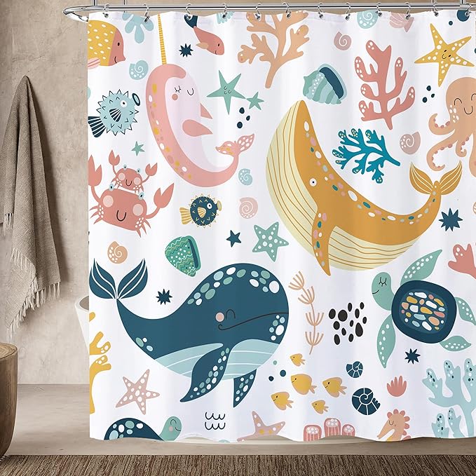 Kids Ocean Whale Shower Curtain 72x72 Sea Animal Cartoon Turtle Funny Underwater Shower Curtain for Bathroom Cute Fish Marine Sealife Starfish Bathtub Curtain Baby Boys Girls Bathroom Decor