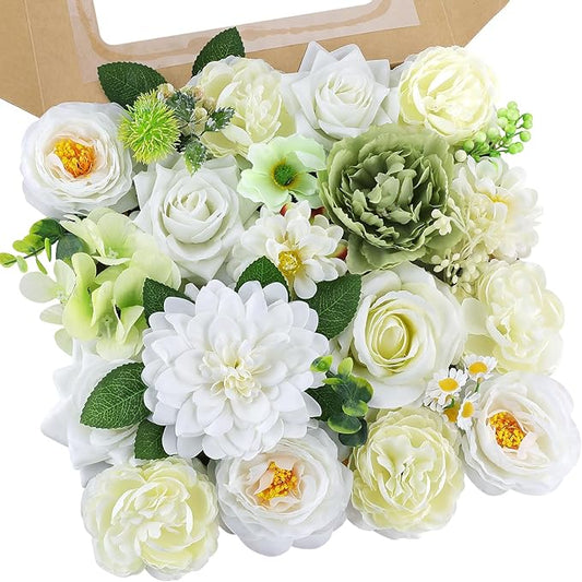 AmyHomie Green White Artificial Flowers Combo Silk Mix Peony Rose Fake Flowers w/Stem for DIY Wedding Bouquets Centerpieces Arrangements Table Fall Decor Party Bridal Baby Shower Home Decorations