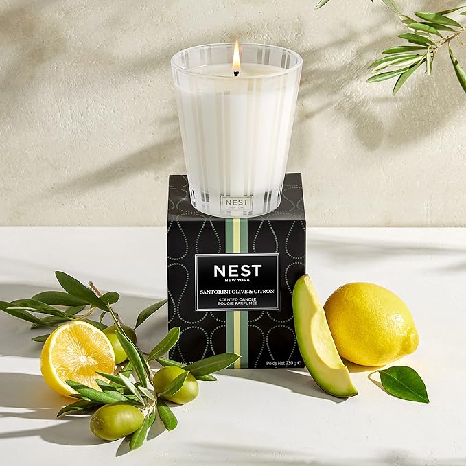 NEST New York Scented Classic Candle, Santorini Olive & Citron - 8.1 oz - Up to 60-Hour Burn Time - Reusable Glass Vessel
