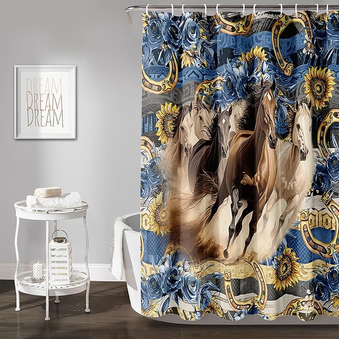 AILONEN Running Horse Shower Curtain for Kids,Blue Rose Sunflower Horse Bath Curtain for Bathroom Decor,Modern Curtain Polyester Waterproof with 12 Plastic Hooks 36" W*72" H
