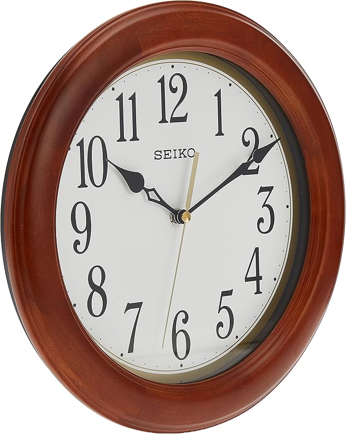 SEIKO 12 Inch Round Wood Classic Wall Clock, White,Brown