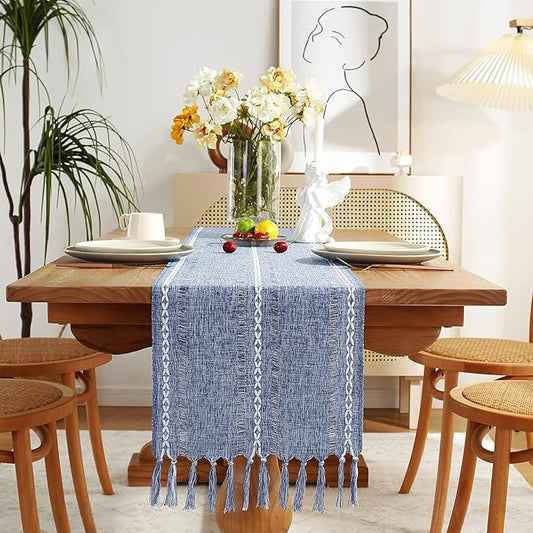 Rustic Farmhouse Style Linen Table Runner, Boho Handmade Tassel Hemstitched Embroidered Table Runners 60 Inches Long for Holiday Party, Dresser and Dining Decorations, 13 x 60 inch - Blue