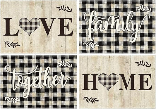 Artoid Mode Love Family Home Together Buffalo Plaid Placemats Set of 4, 12x18 Inch Farmhouse Table Mats Party Kitchen Dining Decoration