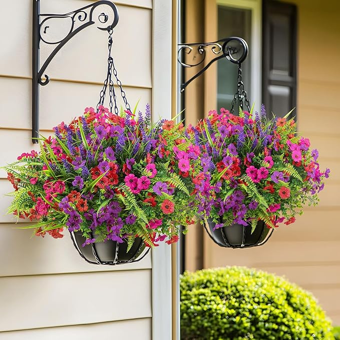 48 Bundles Artificial Flowers for Outdoors Spring Summer Decoration, UV Resistant Eucalyptus Violet and Lavender Silk Fake Plants for Outside Indoor Yard Home Patio Decor, Red Rose Purple
