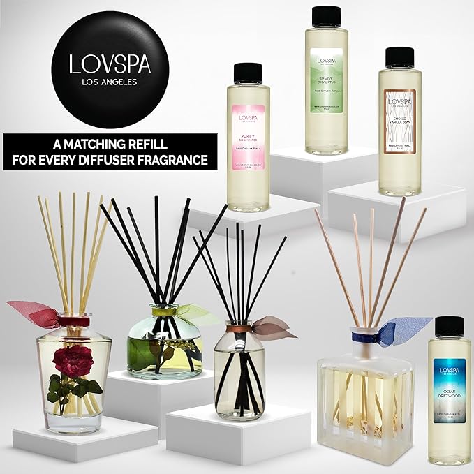 LOVSPA Holiday Cinnamon Pine Cones Reed Diffuser Oil Gift Set | Fir Needles, Cinnamon Sticks, Clove Buds, Sandalwood & Cedarwood | Winter Scent | Modern Striped Glass Bottle | Made in The USA