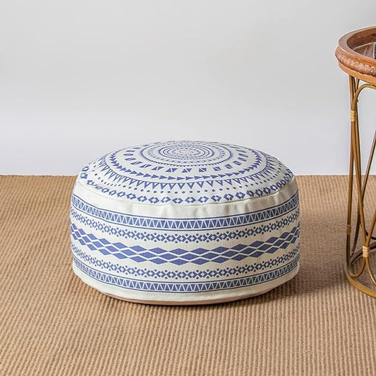 MOCOFO Unstuffed Round Pouf Covers Boho Colorful Geometric Ottoman Pouf Cover with Handle Design,Decoration Footstool for Living Room,Bedroom,Patio (Blue,18x18x8)