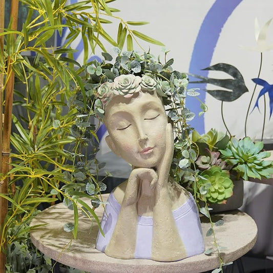 Head-Planter - Face Flower Pot - Succulent Planters - Drainage Hole - Garden Statue Flower Pots Cactus Resin Planter with Drainage Hole Garden Yard Farmhouse Décor 9.25*7*13.5 inch Newman House Studio