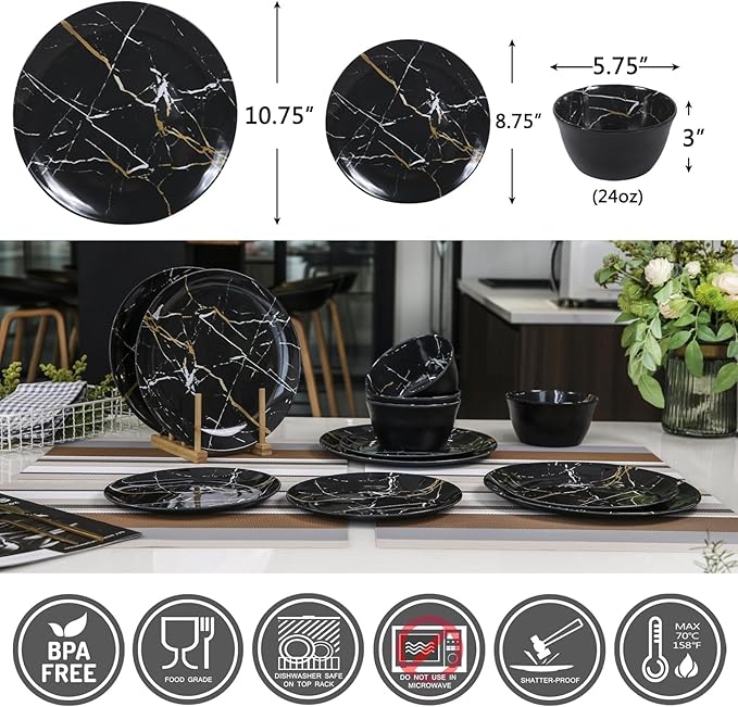 Melamine Dinnerware Set - 12pcs Plates and Bowls Sets Best for Indoor and Outdoor Party, BPA-Free Dishwasher Safe Kitchen Dinner Set with Black Marble Pattern