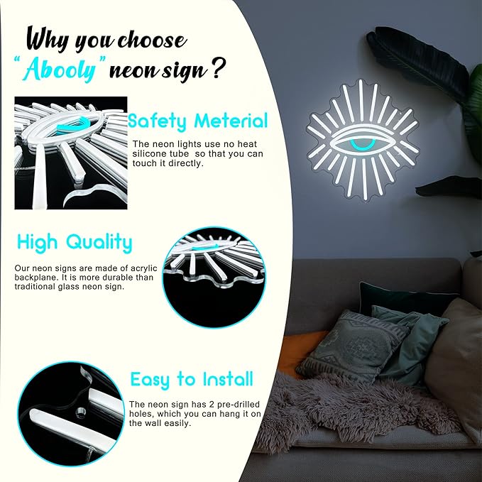 Abooly Evil Eyes Neon Signs for Wall Decor, Dimming LED White Goth Eyes Neon Signs,USB Neon Wall Signs for Game Room Bedroom Man Cave Kids Room Party Christmas Gift(11.8x13in)