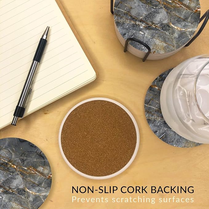 Emerson Coasters for Drinks Absorbent – Natural Stone Drink Coasters Set with Holder, Coasters for Coffee Table, Wooden Tabletop Protection Marble Style – 100% Heavy Duty Set of 6 (Gray)