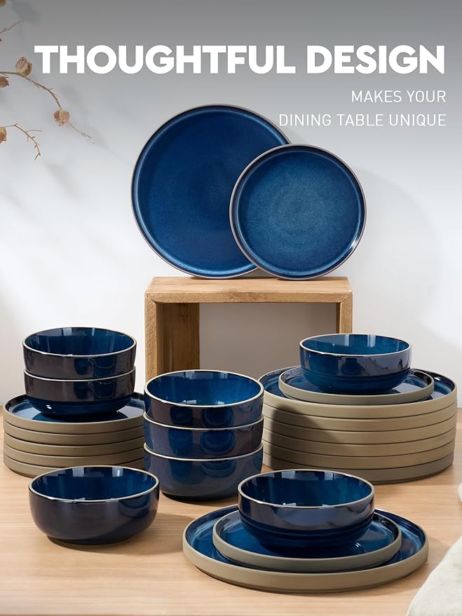 Famiware Nature Plates and Bowls Set, 24 Pieces Dinnerware Sets, Dishware Sets, Dishes Set for 8, Microwave and Dishwasher Safe, Midnight Blue