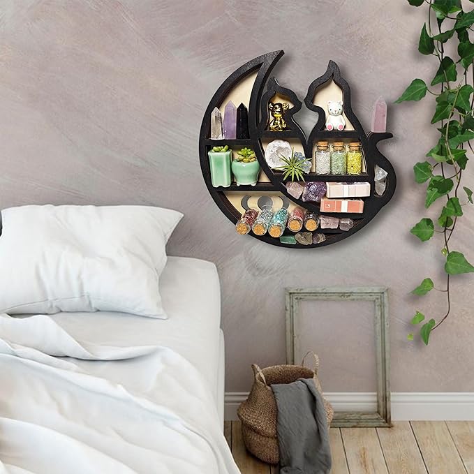 Crystal Display Shelf for Wall, Cats on The Moon Shelf, Crescent Moon Phase Cute Home Decor Wooden Rock Display Shelf Crystal Holder Stone Storage Aesthetic Hanging Floating Organizer